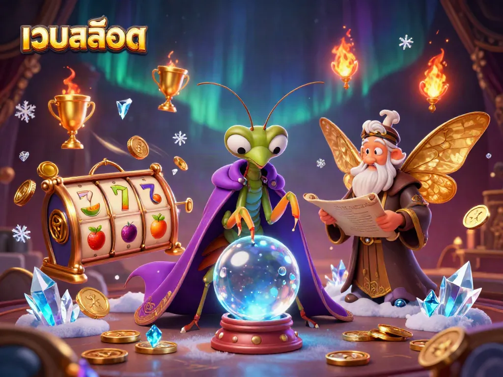Engage with เว็บสล็อต through dynamic 3D slot-themed illustration featuring vibrant characters and graphics.