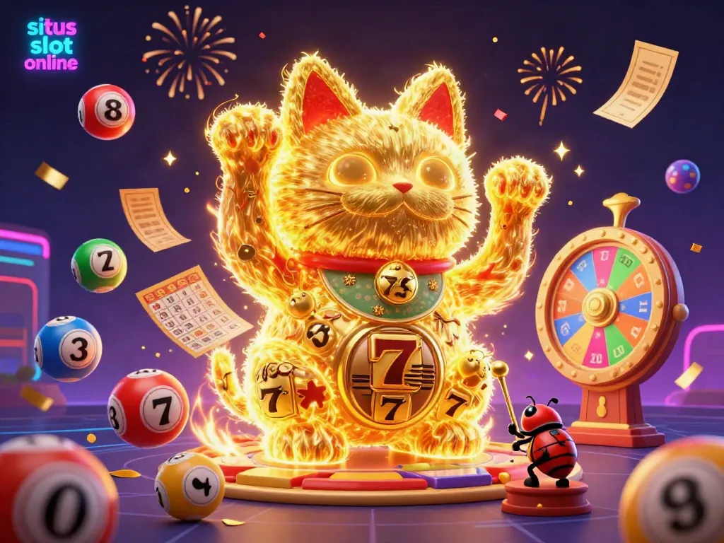 Persembahan situs slot online yang menampilkan kucing keberuntungan dan objek kasino ceria.