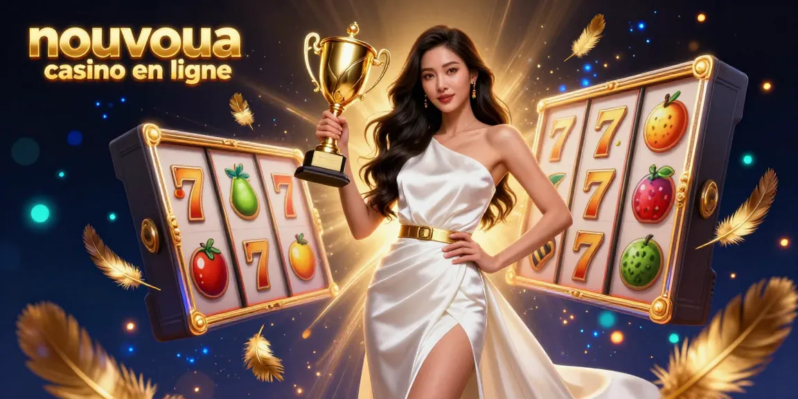 Découvrez l'excitation d'un nouveau casino en ligne avec une illustration de victoire époustouflante mettant en avant des éléments de jeux de machines à sous et des visuels glamour.