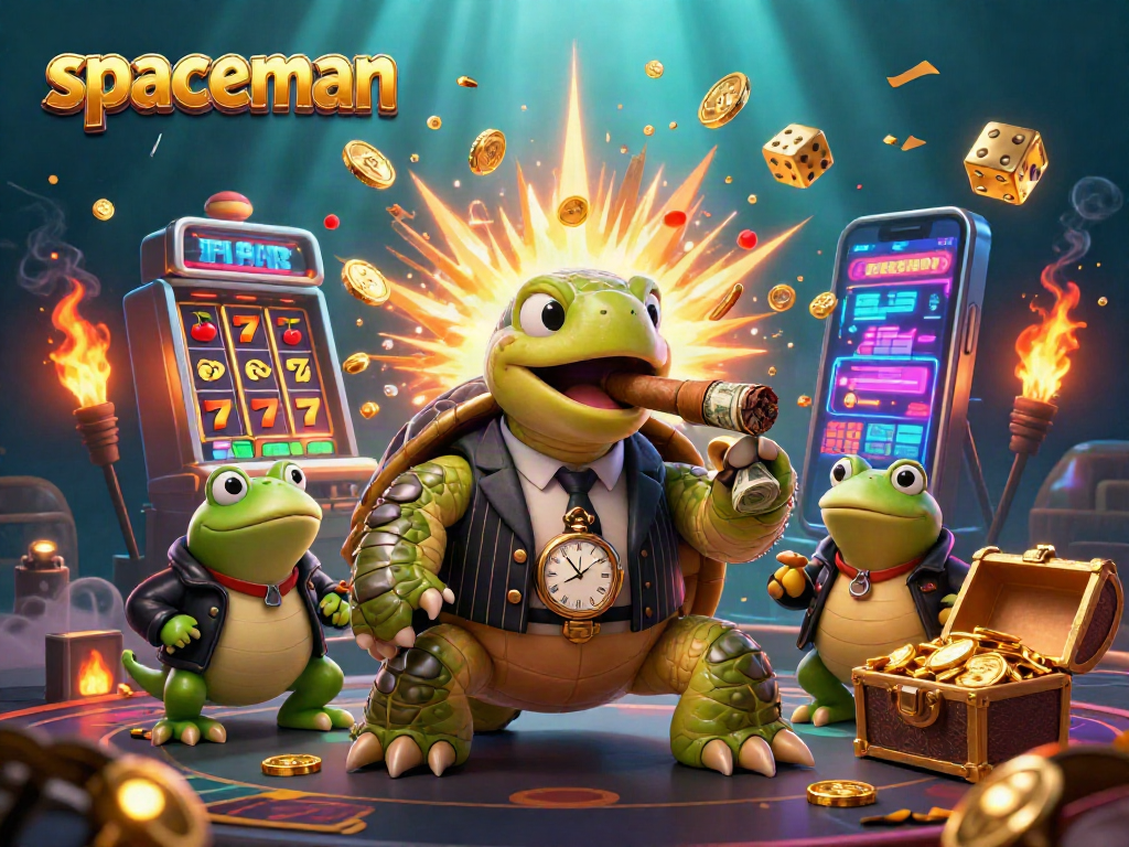 Engage with the spaceman slot experience featuring a turtle in a suit and casino elements bursting with excitement.