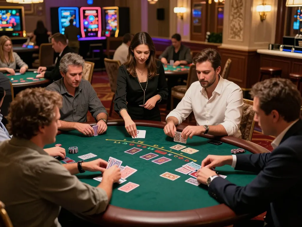 O8 players strategically engaging in blackjack at a luxurious casino table.