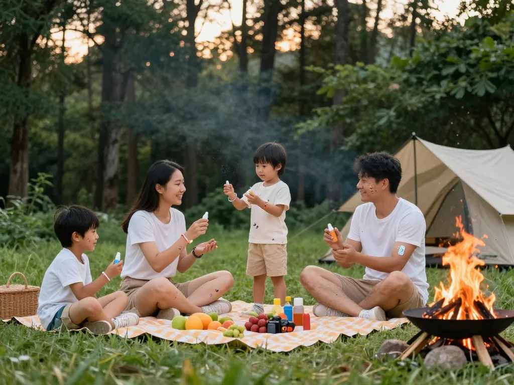 Family enjoying a picnic while applying the Best Mosquito Repellent for summer safety in outdoor camping.