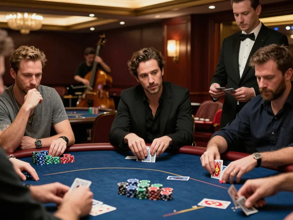 Players strategizing in a high-stakes poker game at 3win casino with vibrant atmosphere