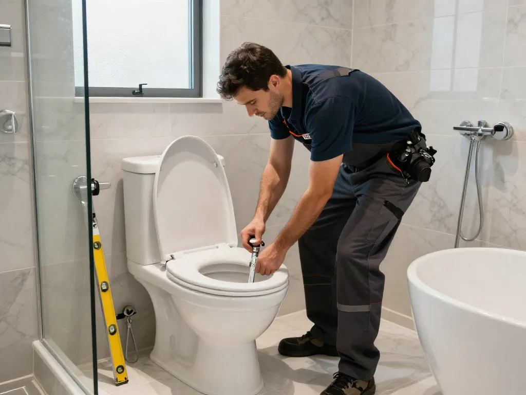 Plumber London installing water-saving toilet in modern bathroom renovation.