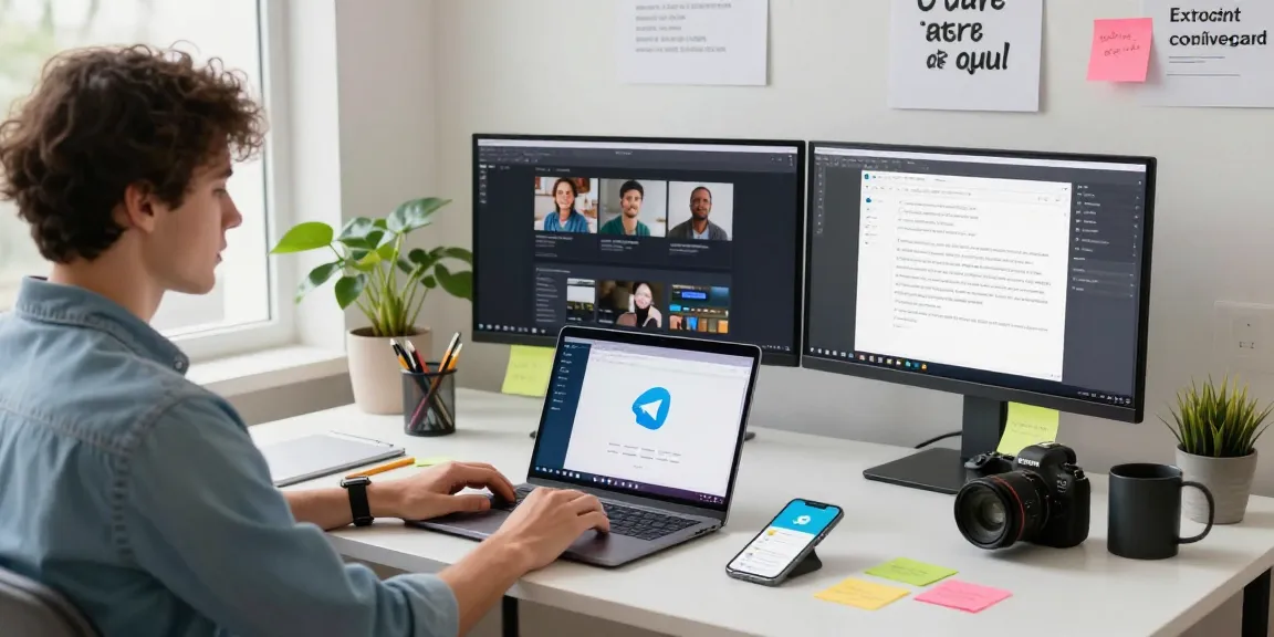 Professional workspace showcasing giovane in tech engaging with Telegram on laptop and smartphone, illustrating the essence of teiegramin.com.