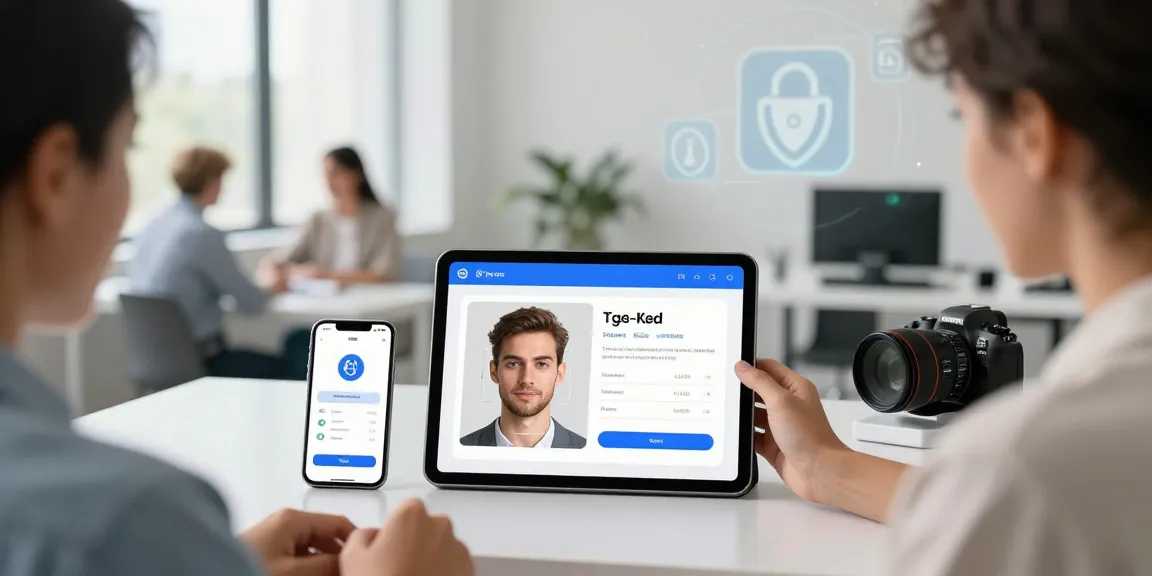 Engaged user utilizing an age verification system on a tablet in an inviting office setting, focusing on privacy and compliance.
