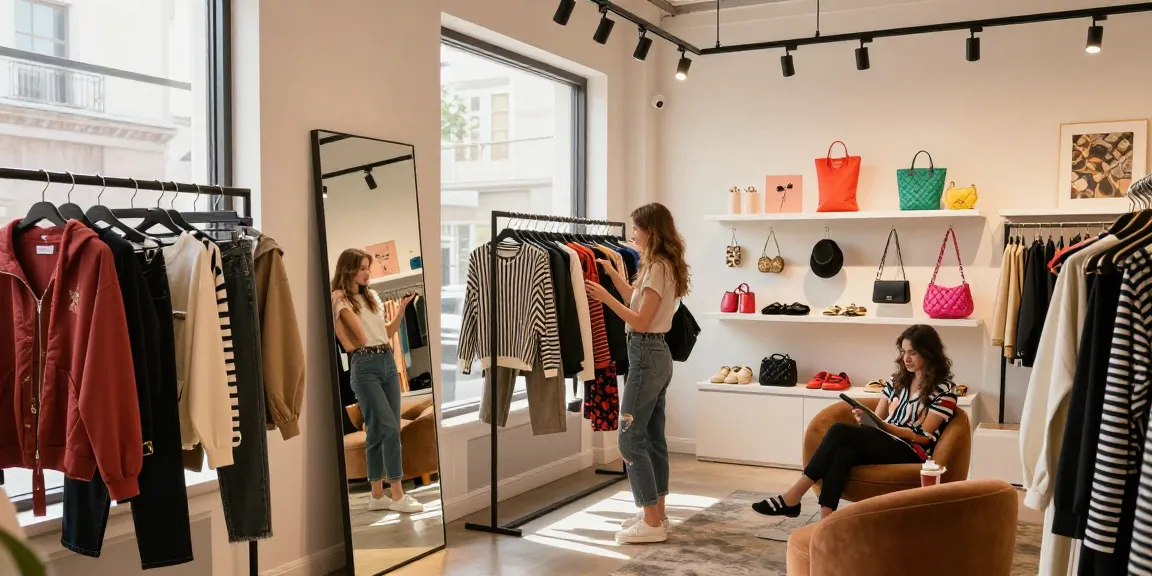 Young woman shopping for high-quality 레플리카 fashion in a trendy boutique.