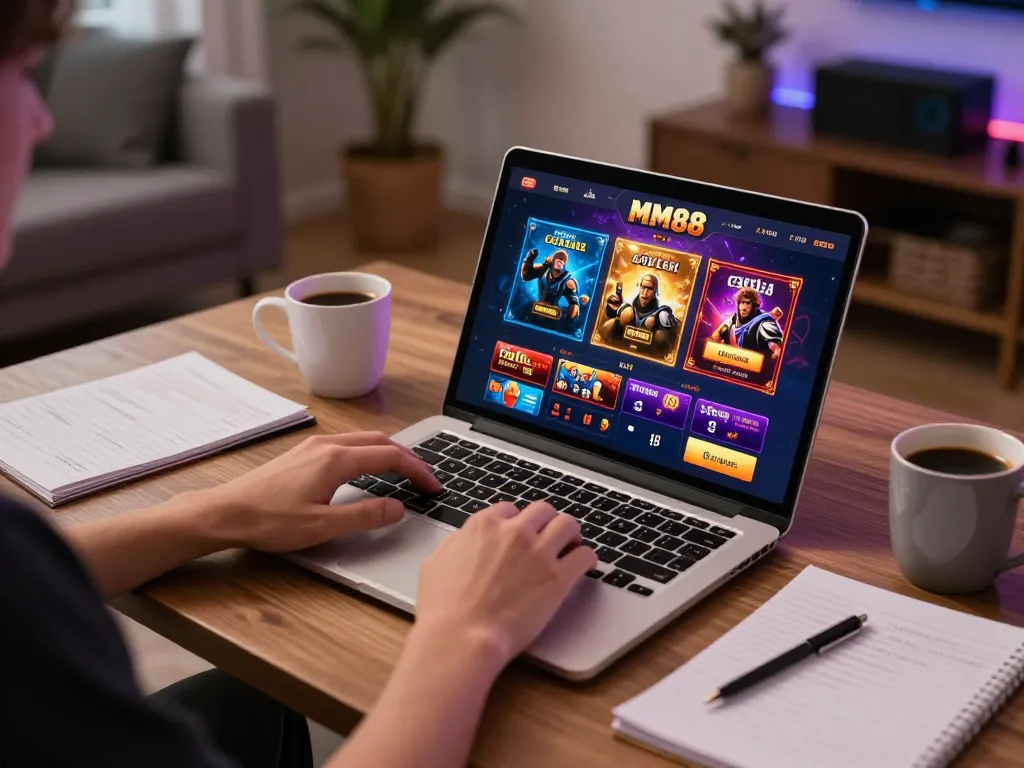 Engaging mm88 online casino gaming setup with laptop displaying games and strategic notes