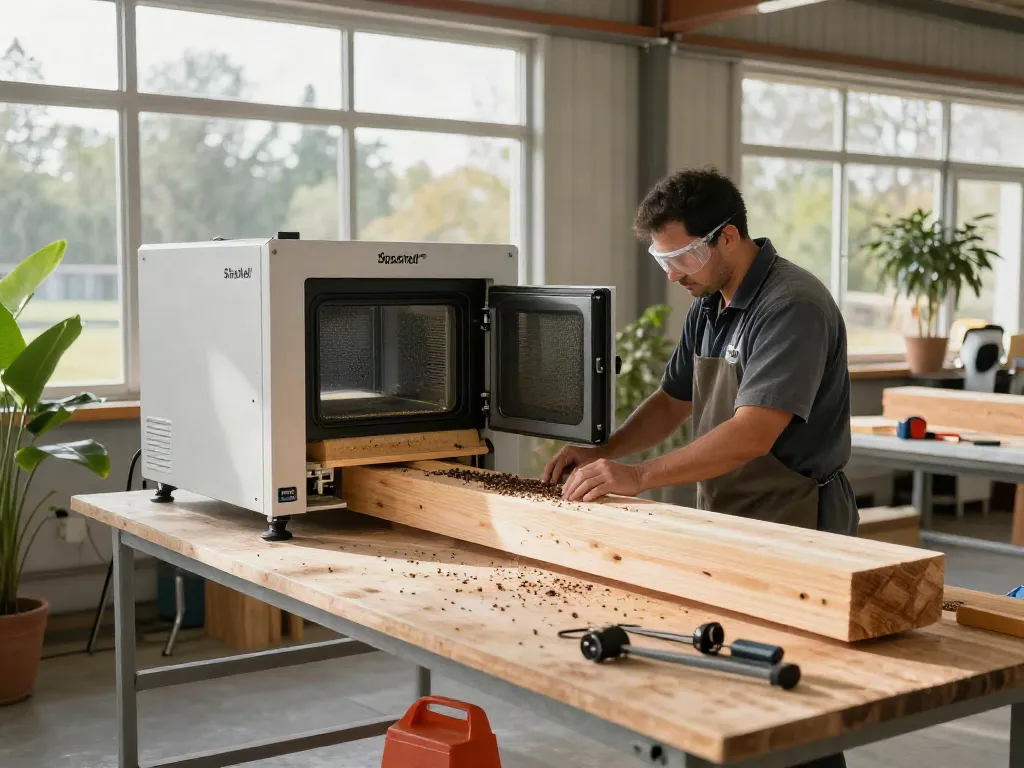 SHASHEL® microwave treatment system eliminating wood-boring insects in a modern facility.