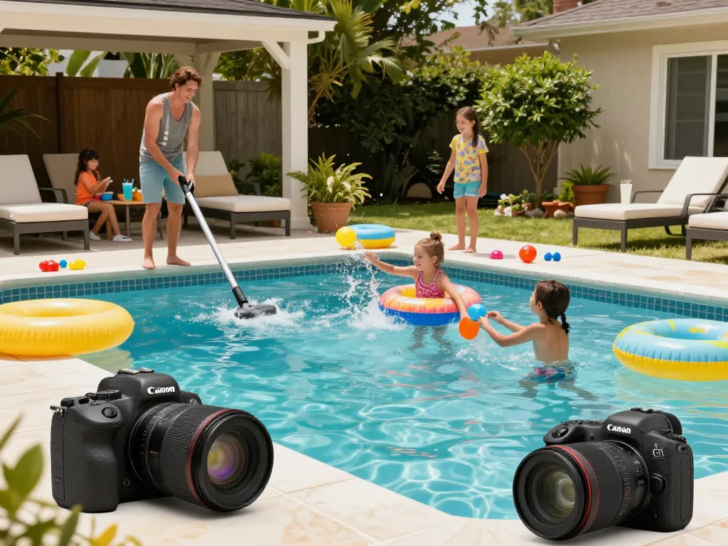 Dolphin Pool Services creating a vibrant family poolside atmosphere with cheerful children and adults enjoying a clean, inviting pool.