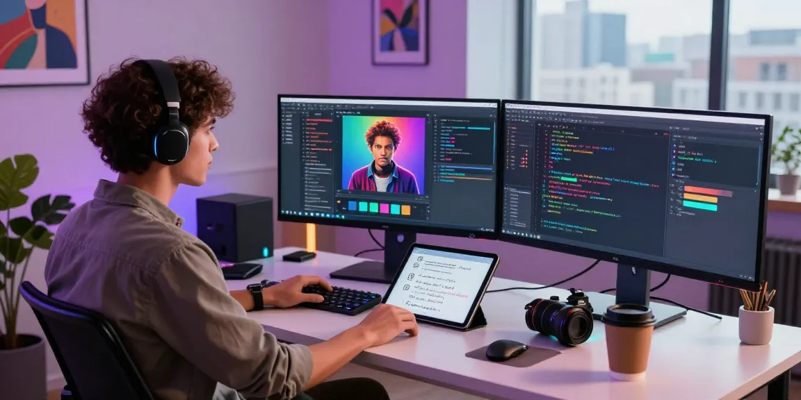 Innovative NSFW AI workspace with character creator tools, vibrant digital setup.