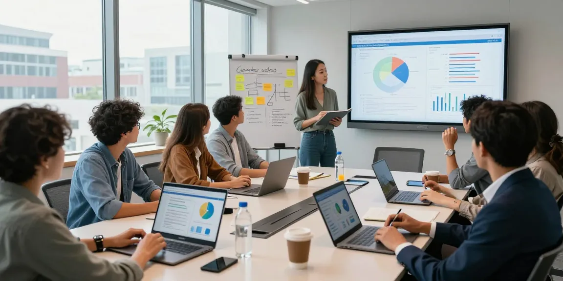 Professionals discussing strategies for targeted social media ads in a bright office setting.