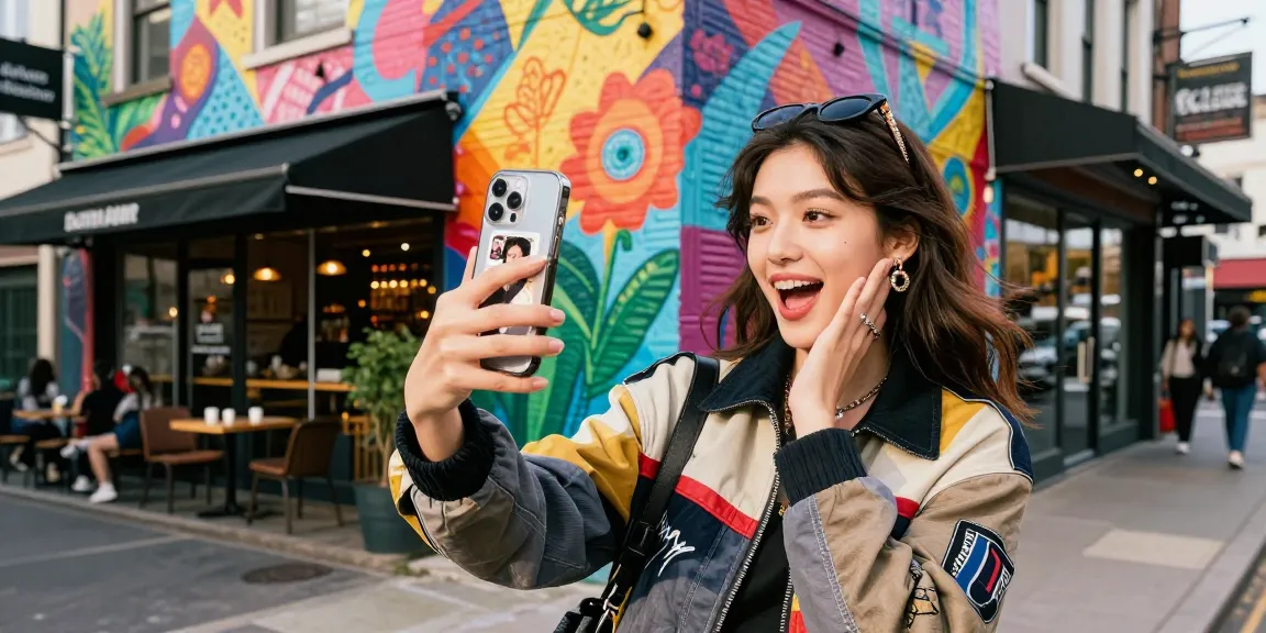 Young woman using the celebrity look alike app while taking a selfie in front of a vibrant mural.