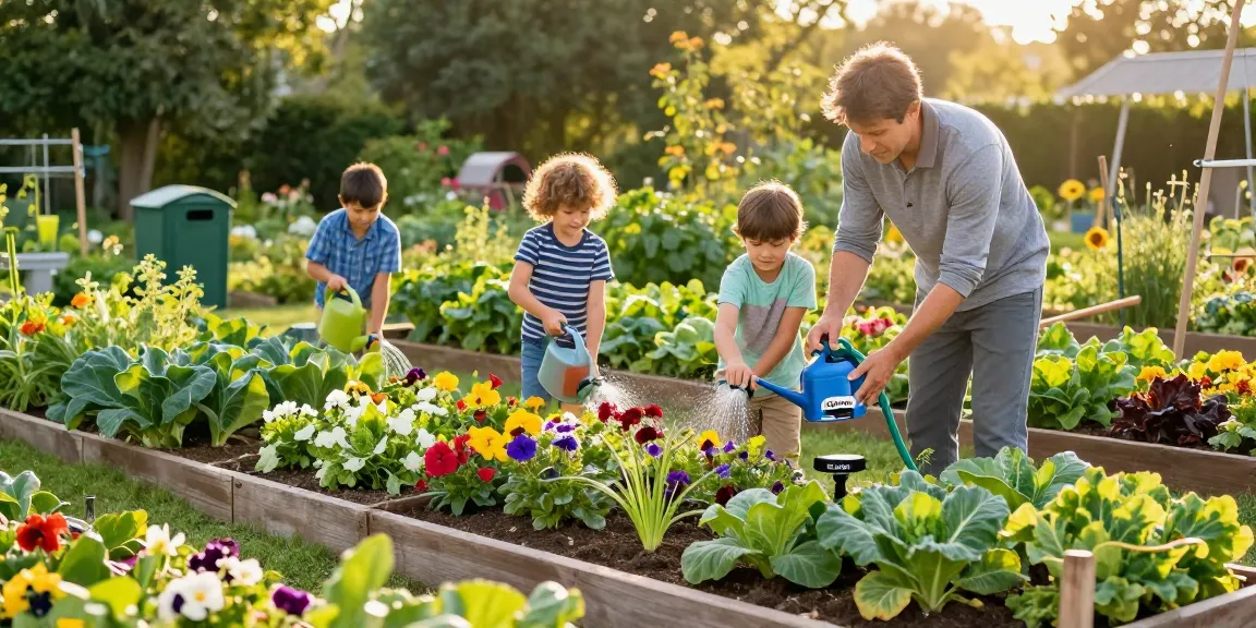 Family using a rainpoint water timer to maintain their vibrant garden efficiently.