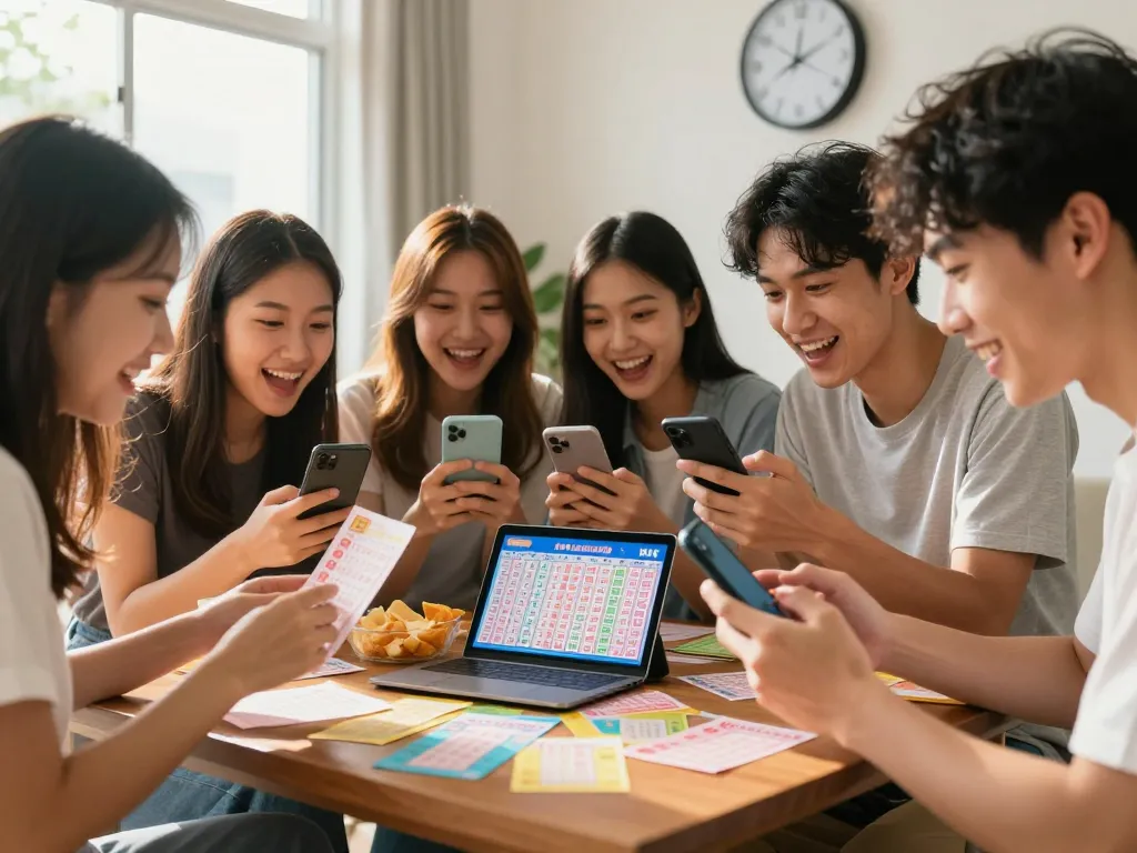 Friends excitedly checking their smartphones for HK Hari Ini lottery results in a lively home setting.