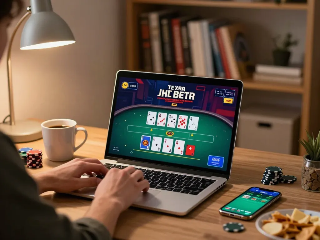 Player engaging in poker game online with strategies noted, rokok 88 gaming atmosphere.