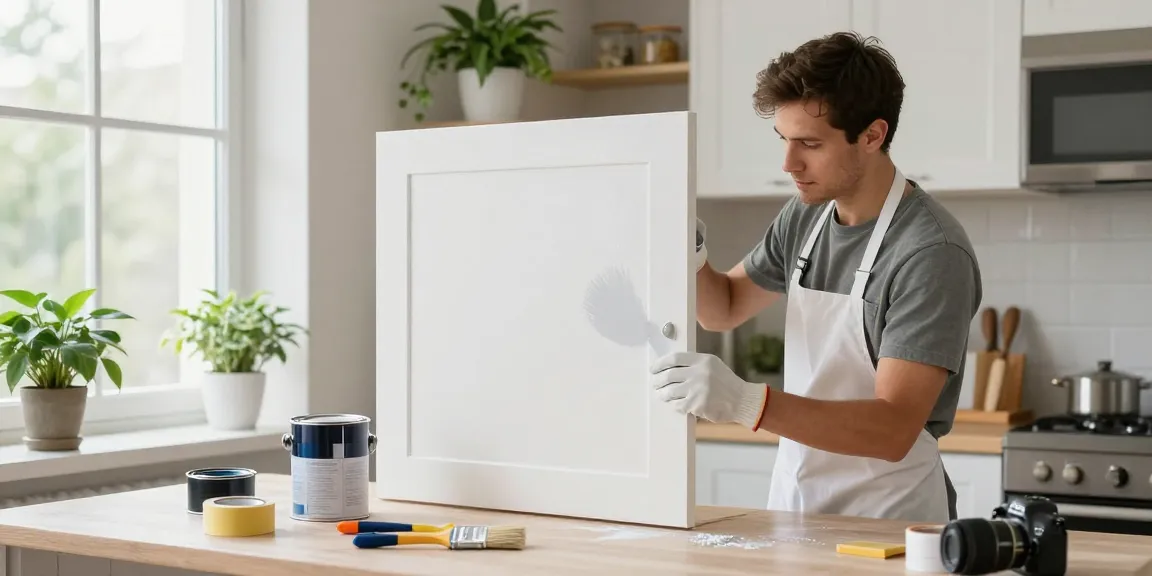 Skilled cabinet painter providing premium cabinet painting services in a modern kitchen.