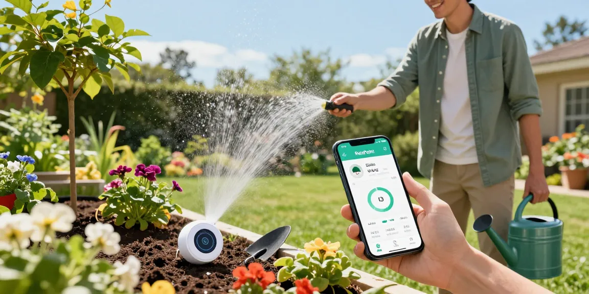 Efficient garden watering with RainPoint WiFi timer and app in a sunny backyard.