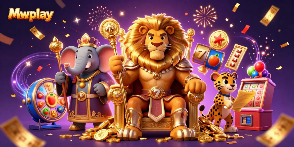 Mwplay showcases an exciting 3D casino scene with a regal lion king, wise elephant, and cheetah amidst dynamic gaming elements.