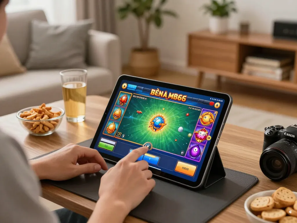 Bắn cá mb66 action in a cozy online gaming session with tablet gameplay and snacks.