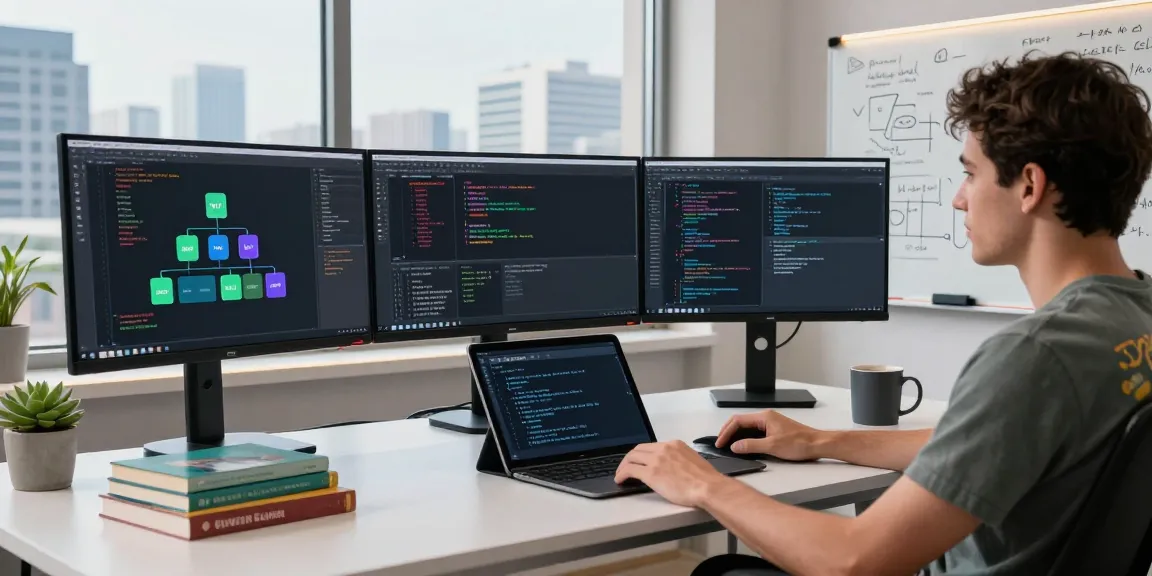 Workspace with developer illustrating App architecture patterns in Android (MVI/MVP) coding in modern setup.