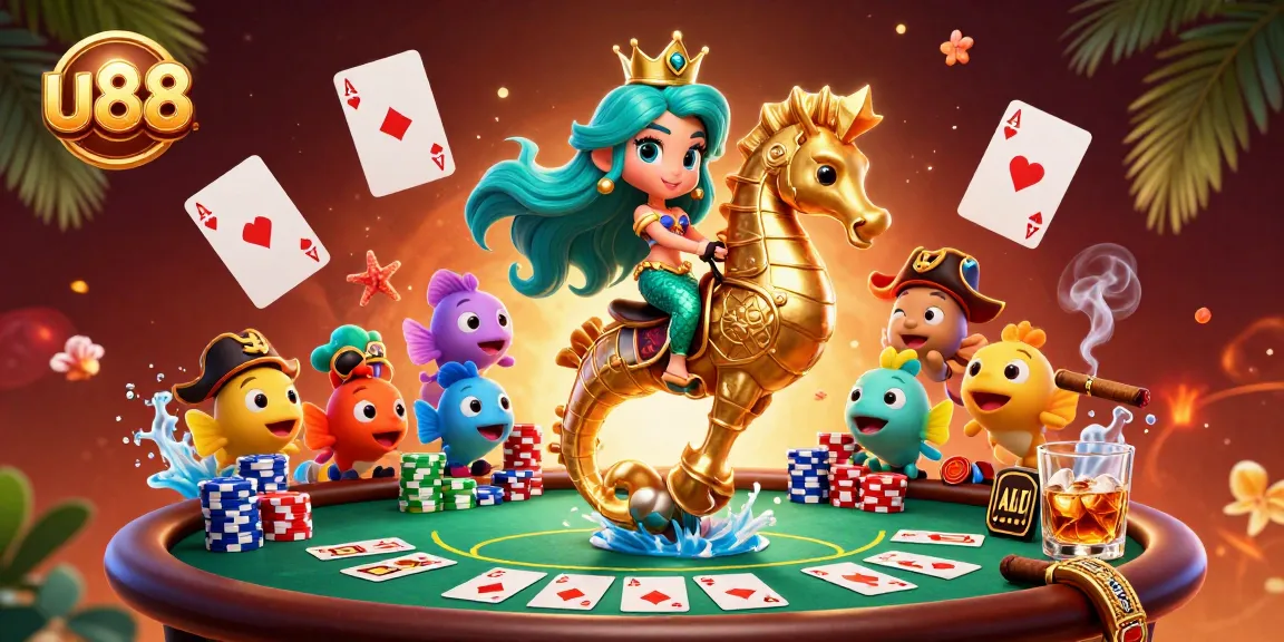 Play exciting games at u88 with a vibrant 3D casino adventure featuring colorful characters and poker elements.