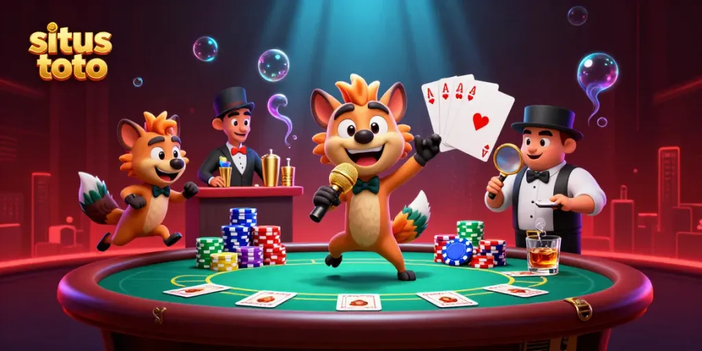 Kasino situs toto dengan sekelompok hyena beraksi, menampilkan bartender dan komedian.