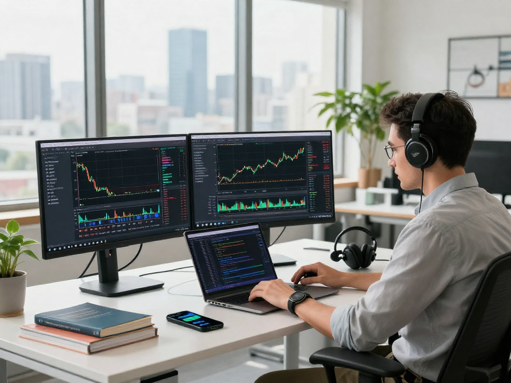 使用metatrader 5进行交易的现代金融办公室设置，交易者专注于市场深度和图表分析。