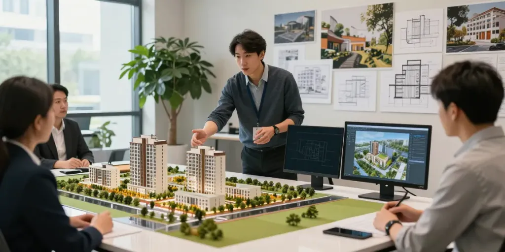 Engaging client presentation featuring detailed real estate models in a modern office.