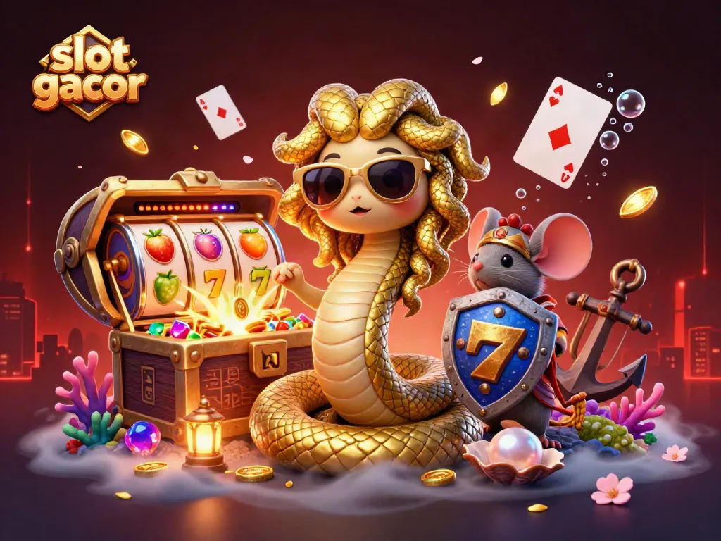 Experience the excitement of slot gacor action with Medusa and fortune elements in this lively 3D illustration.