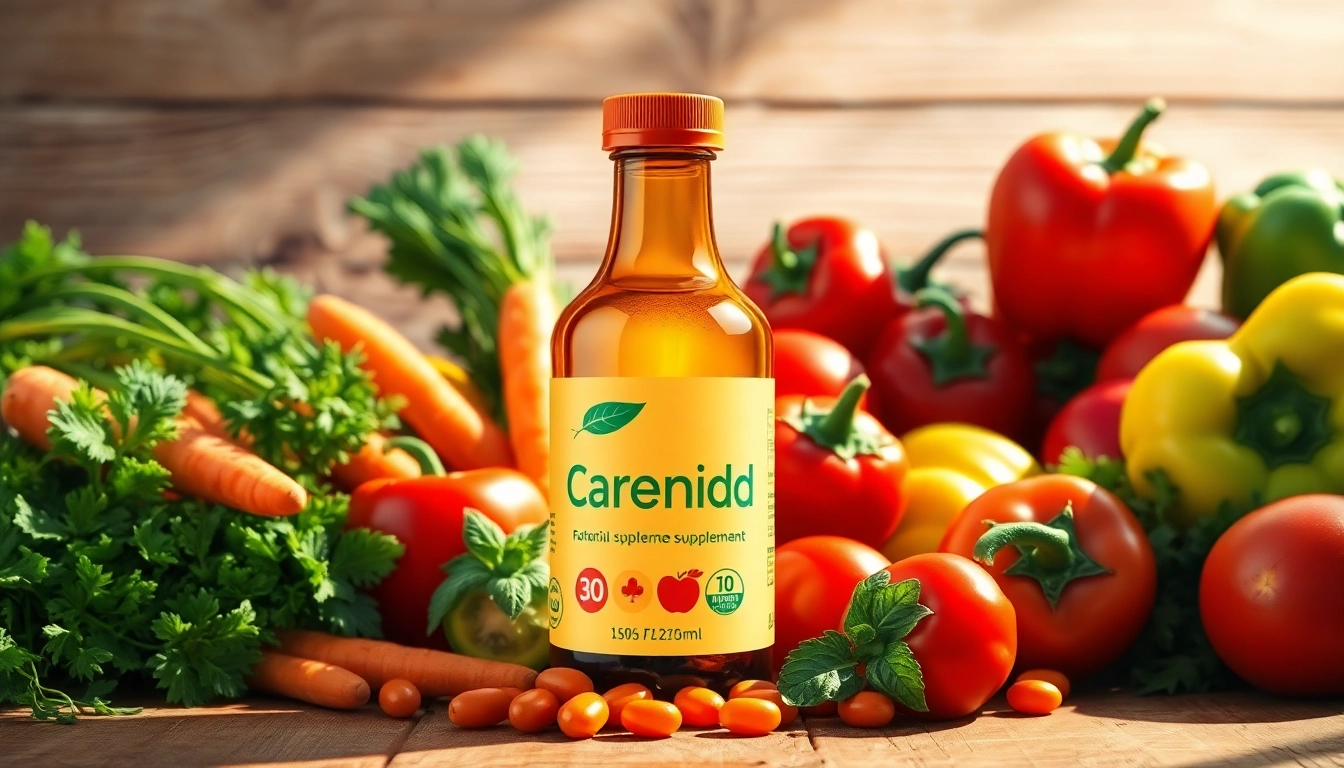 Engaging view of a natural carotenoid supplement against fresh produce, highlighting health benefits.