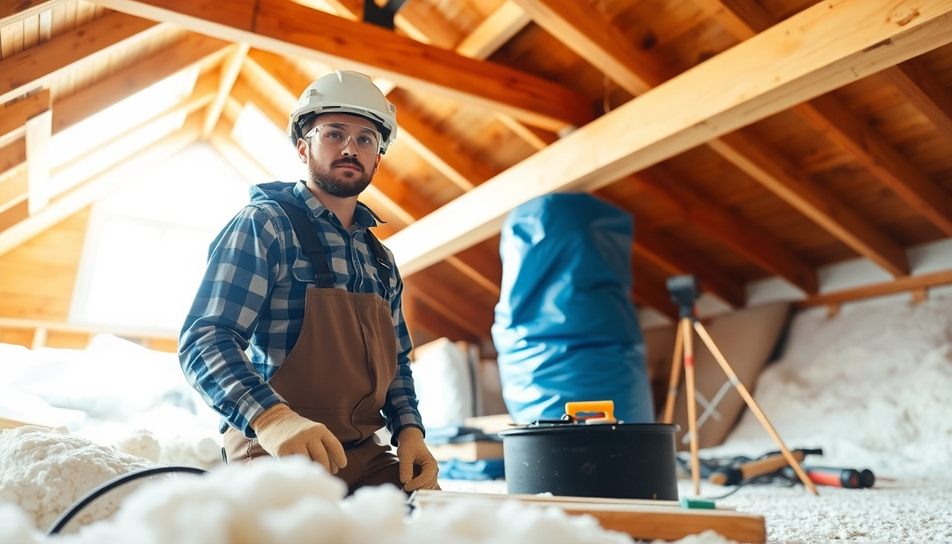 Loft insulation removal specialist efficiently working in a bright, well-lit attic environment.