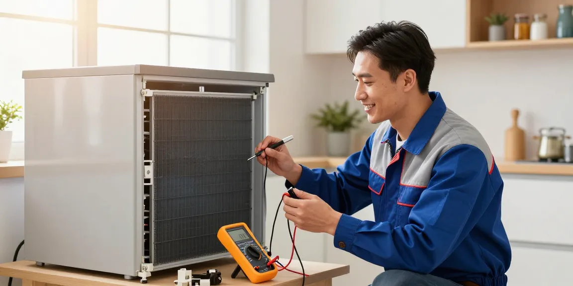 Fridge Repair service in action, technician inspecting refrigerator coils with tools in a warm kitchen
