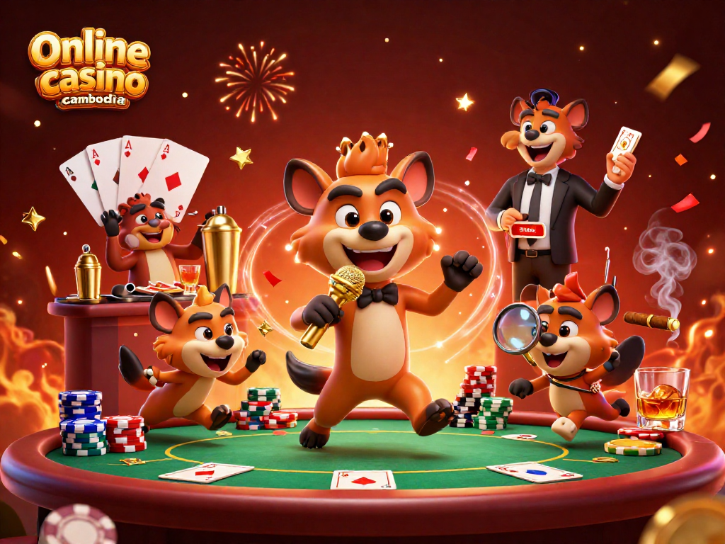 Experience the excitement of an online casino in Cambodia with lively hyena characters at a comedy club.