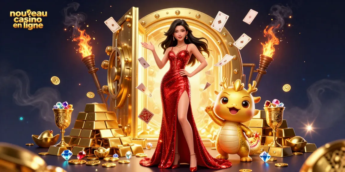 Engagez-vous avec la scène dynamique des nouveaux casinos en ligne mettant en vedette une femme asiatique glamour et une mascotte de dragon doré.