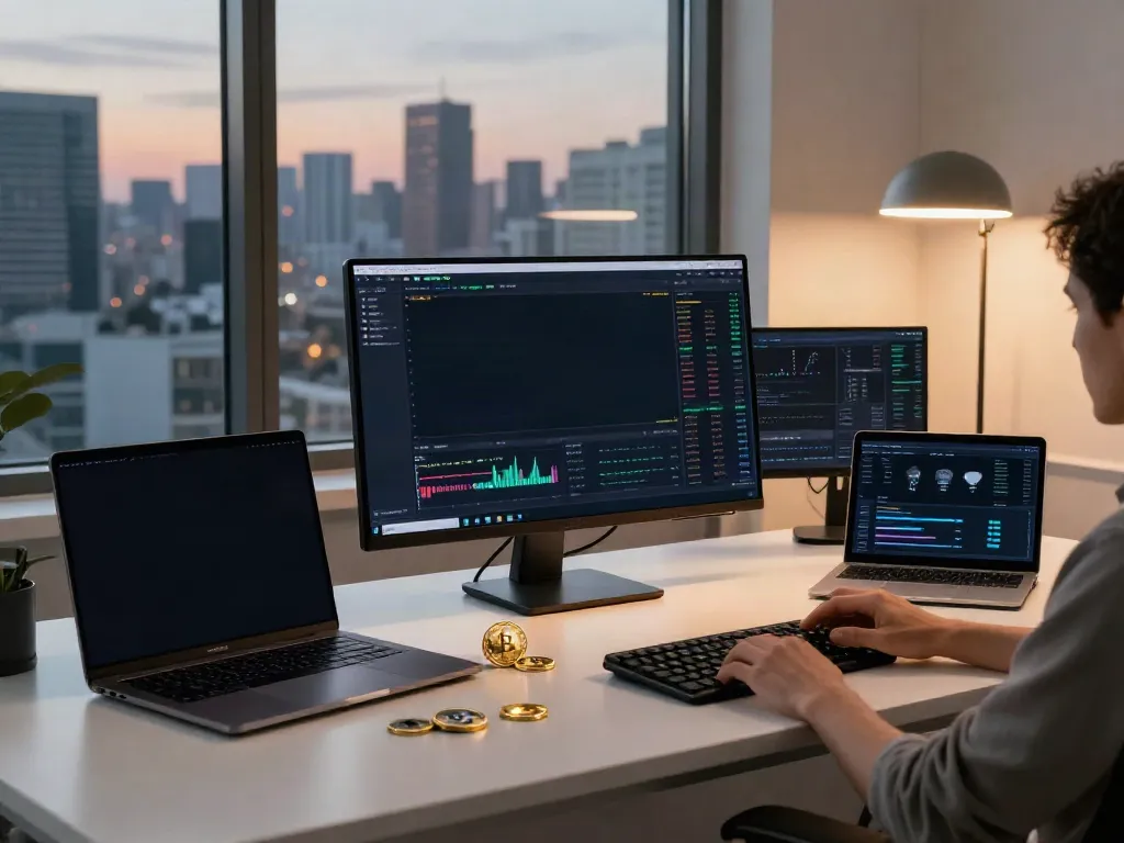 TOPIX データ API analysis in a professional crypto trading workspace with multiple screens.