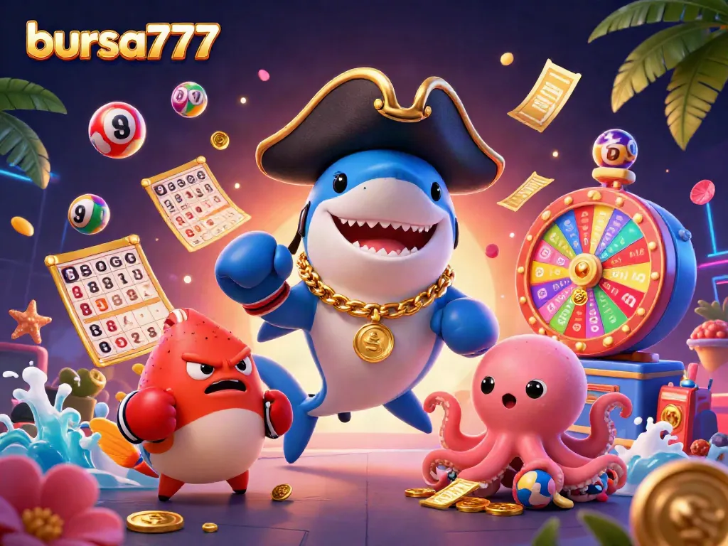 Pemain SLOT di bursa777 dengan karakter lucu di latar belakang penuh jackpot dan hadiah menarik.