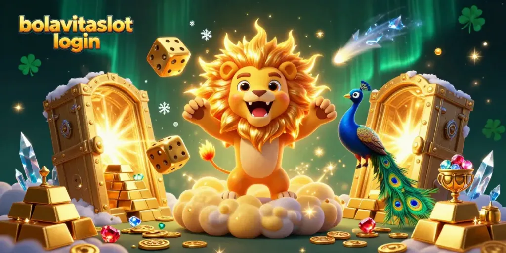 Experience the thrill of bolavitaslot login with vibrant casino-themed artwork featuring a fiery sun lion amidst treasures.