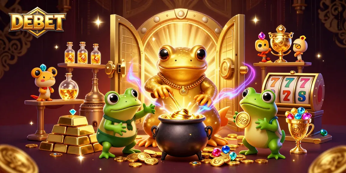 Transform your gaming experience with DEBET's enchanting casino alchemy scene, featuring gold and treasures.