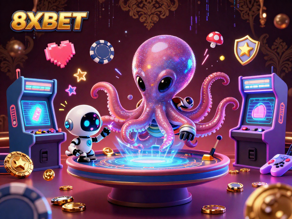 Engage with 8XBET as a 3D alien octopus interacts with a holographic poker table, surrounded by vibrant gaming elements.