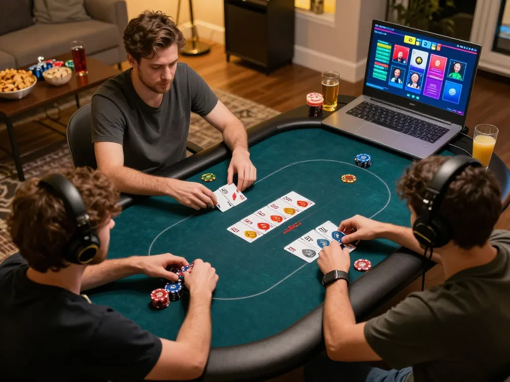 Players strategizing in an O8 online poker game, showcasing a competitive and engaging atmosphere.