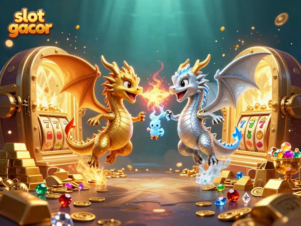 Experience thrilling slot gacor action with cartoon dragons amidst slot symbols and treasure.