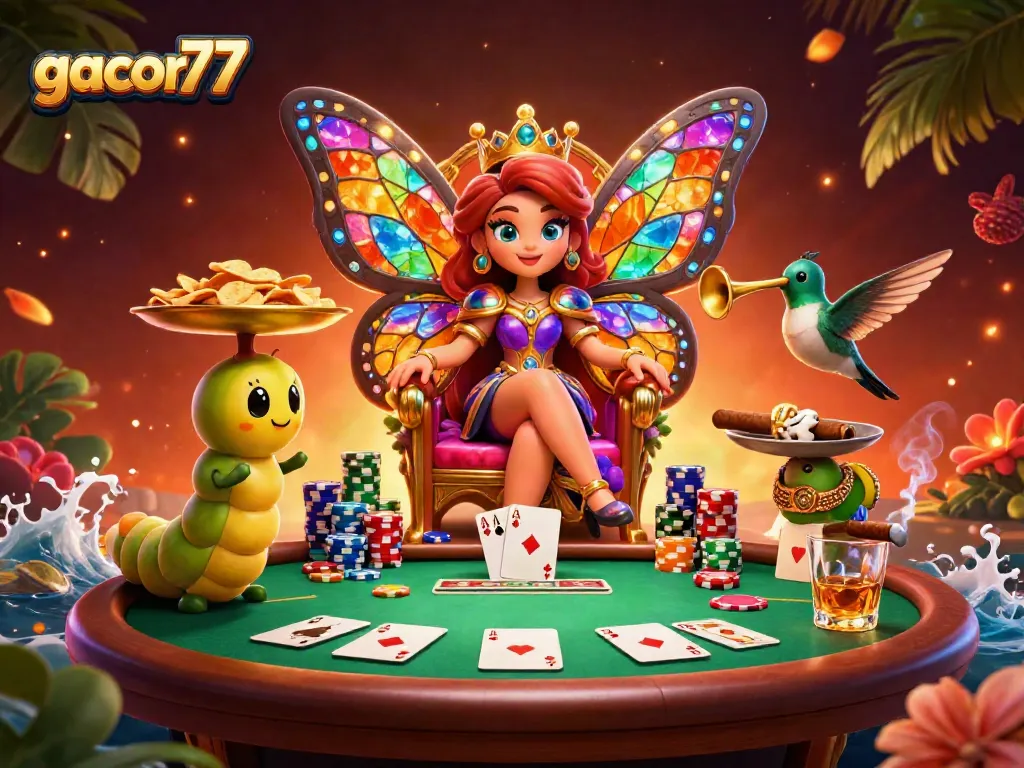 Gacor77 menampilkan ilustrasi kasino imersif dengan ratu kupu-kupu, meja poker, dan hiasan tropis.