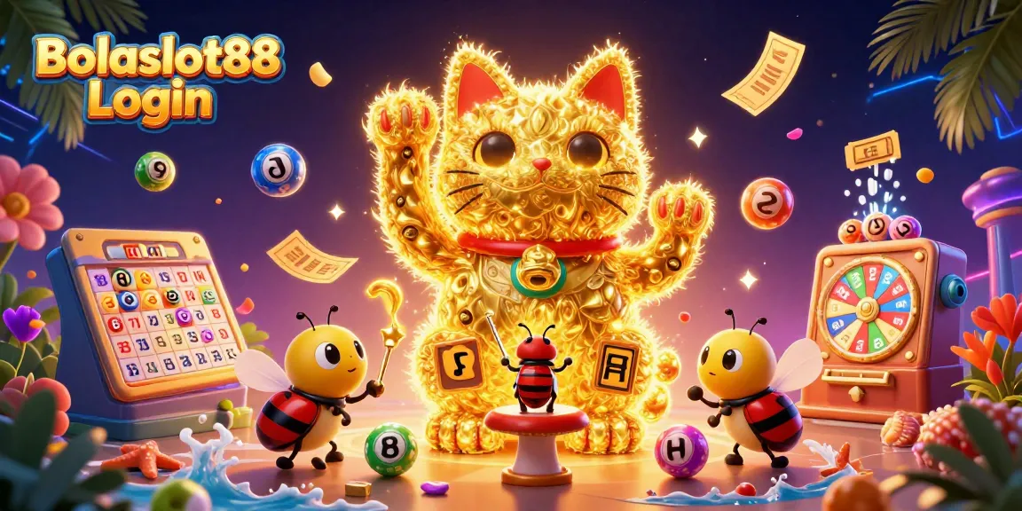 Bolaslot88 Login showcases a lucky cat surrounded by vibrant lottery elements in a dynamic casino scene.