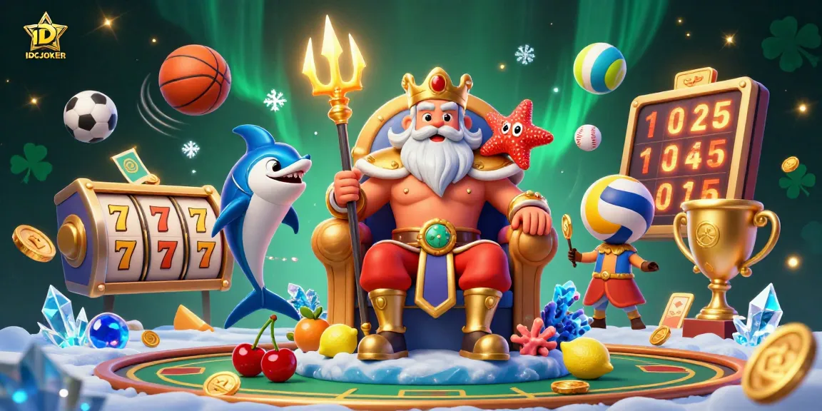Experience thrilling IDCJOKER casino action with Neptune and vibrant gaming elements in a 3D illustration.