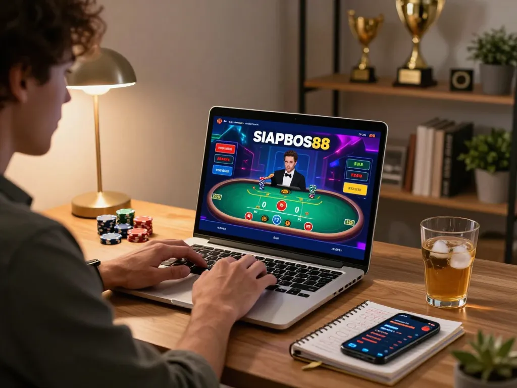 Player exploring winning strategies on SIAPBOS88 while engaging with dynamic online blackjack game on laptop.