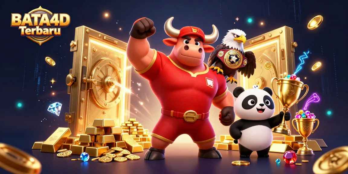 Experience BATA4D Terbaru with a vibrant scene featuring a victory pose by a bull mascot, eagle, and panda surrounded by treasures.