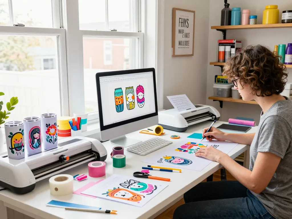 Person crafting with SVG files in a colorful studio surrounded by vibrant tumbler designs and supplies