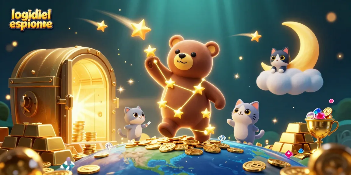 Profitez de l'illustration 3D animée 'logiciel espion téléphone', montrant des étoiles et pièces d'or, symbolisant la chance au jeu.