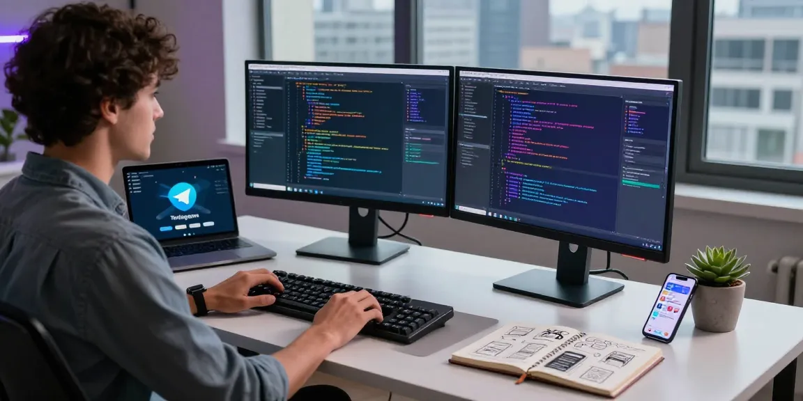 Developer coding Telegram features in a modern workspace showcasing 纸飞机中文版 functionality and vibrant screens.